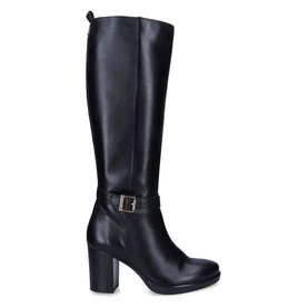 Carvela Silver 2 Knee High Boots in black leather with block heel, ankle buckle strap, gold-tone hardware, and interior side zip