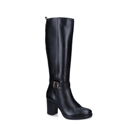 Carvela Silver 2 Knee High Boots in black leather with block heel, gold-tone buckle hardware, and interior side zip fastening