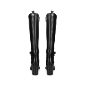 Carvela Silver 2 Knee High Boots in black leather, block heel, gold-tone hardware, interior zip, rear view showing logo stud detail