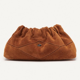 Bash June Suede Shoulder Bag in brown with ruched drawstring top, diamond yoke detail, and gold-toned logo hardware at front