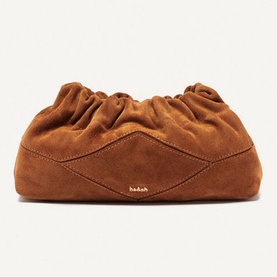 Bash June Suede Shoulder Bag in brown with ruched drawstring top, diamond yoke detail, and logo lettering at front