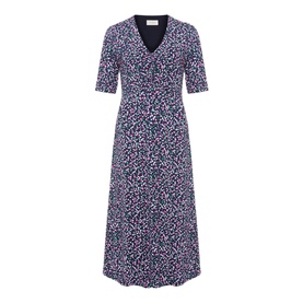 Hobbs Frankie Printed V-Neck Midi Dress in blue, short sleeves, V-neckline, ruched detail, multicolour floral print, A-line silhouette