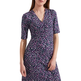 Model wearing Hobbs Frankie Printed V-Neck Midi Dress in blue floral print, short sleeves and ruched detail, cropped view