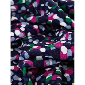 Hobbs Frankie Printed V-Neck Midi Dress in blue, close-up of multicolour abstract spot print fabric in navy, pink, green and white