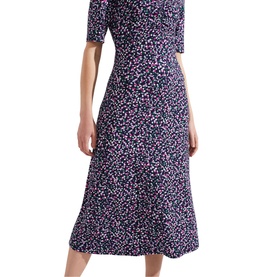 Model wearing Hobbs Frankie Printed V-Neck Midi Dress in blue with pink floral print, short sleeves and ruched detailing
