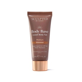 Sculpted By Aimee Body Base Shimmer Instant Tan Mini in Medium, 50ml tube with rose gold cap, SPF 30 self tan bronzer