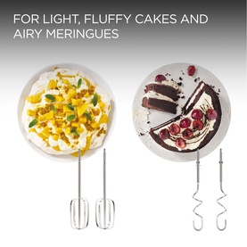 Hand mixer with two beater attachments shown alongside fluffy cake and meringue desserts, illustrating light baking results