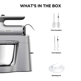 Kenwood stand mixer in silver with labelled accessories: Twin Kneaders, Twin Beaters, and Splashguard shown alongside