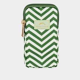 Dust and Rock The Original Wrist Pocket Mini Coillte purse in green and white chevron print with gold zip and branded label