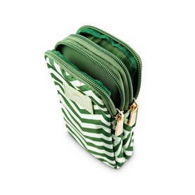 Dust and Rock The Original Wrist Pocket Mini in green and white stripe nylon, open top showing green interior lining, gold zip pulls