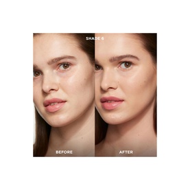 Model with Hourglass Veil Hydrating Skin Tint: before and after split showing Shade 6 applied to model's complexion