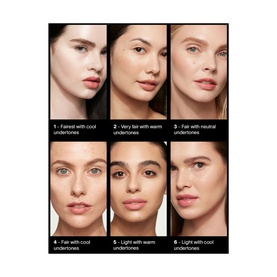 Hourglass Veil Hydrating Skin Tint shown across 6 foundation shades on models with varying skin tones and undertones, from fair to light