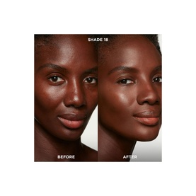 HOURGLASS Veil Hydrating Skin Tint Shade 18 before and after comparison on deep skin tone model, showing a natural, glowing finish