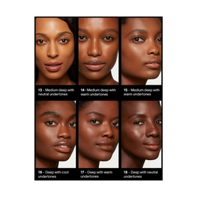 HOURGLASS Veil Hydrating Skin Tint shown in six deep to medium-deep shades (13&ndash;18) with undertone labels, applied on models