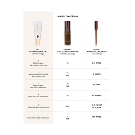 HOURGLASS Veil Hydrating Skin Tint shade conversion chart comparing shades across Ambient Foundation and Vanish Concealer ranges