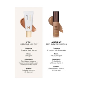 Hourglass Veil Hydrating Skin Tint and Ambient Soft Glow Foundation side-by-side comparison showing shades, coverage, finish, and ingredients