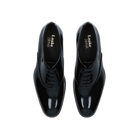 Loake Patent Dress Oxford Shoes in black leather, almond toe, lace fastening, viewed from above