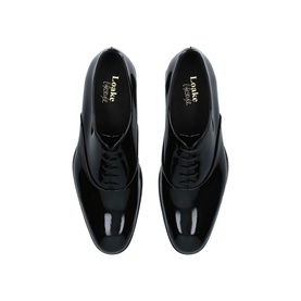 Loake Patent Dress Oxford Shoes in black leather, overhead view showing almond toe, lace fastening and glossy finish