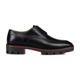 Christian Louboutin Davisol Oxford Leather Shoes in black, almond toe, lace-up, chunky lug sole with iconic red trim and sole