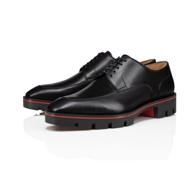 Christian Louboutin Davisol Oxford Leather Shoes in black, smooth finish, lace-up, chunky lug sole with iconic red sole and trim detailing