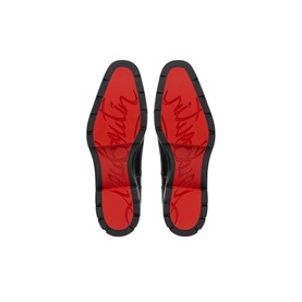 Christian Louboutin Davisol Oxford Leather Shoes in black, sole-up view showing signature red soles with brand script detail