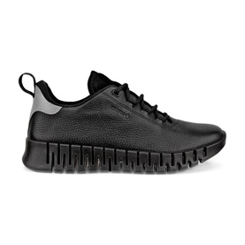 Ecco Gruuv Lace-Up Trainers in black leather with reflective heel trim, elastic laces, and ribbed two-way flex rubber sole