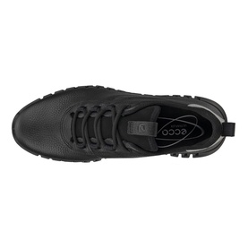 Ecco Gruuv Lace-Up Trainers in black leather, overhead view showing elastic laces, reflective trim detail and flexible rubber sole