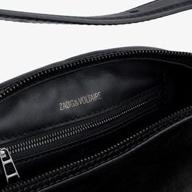 Zadig Le Cecilia Shoulder Bag black leather interior with silver-tone zip, curb chain puller and embossed brand logo lining detail