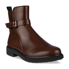 Ecco Met Amsterdam Ankle Boots in brown leather with silver buckle strap detail and black block sole