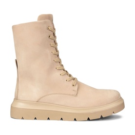 Ecco Nouvelle Boot in cream suede leather, lace-up ankle style with chunky plateau rubber sole in tonal cream