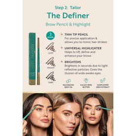 BROW AID The Definer Duo Brow Pencil & Highlight in Light, shown with product benefits and three models demonstrating brow and highlight results