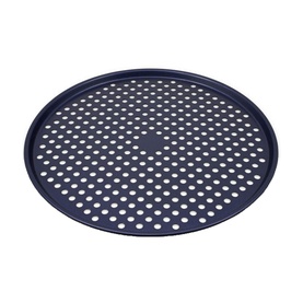 Zyliss Durable Non-Stick Pizza Tray in blue, round carbon steel with perforated base for air circulation, dishwasher safe