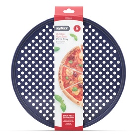 Zyliss Durable Non-Stick Pizza Tray in blue, round perforated carbon steel design, shown in branded red packaging with pizza imagery