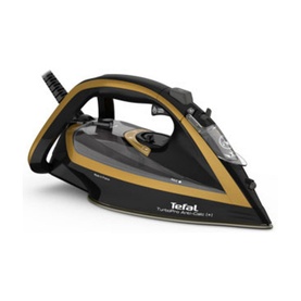 Tefal Ultimate Turbo Pro steam iron in black and gold with pointed soleplate and ergonomic handle