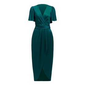 Forever New Estelle Satin Flutter Sleeve Midi Dress in green, wrap-style front, cinched waist, flutter sleeves, midi length