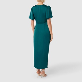 Model wearing Forever New Estelle Satin Flutter Sleeve Midi Dress in green, shown from behind, styled with strappy heeled sandals