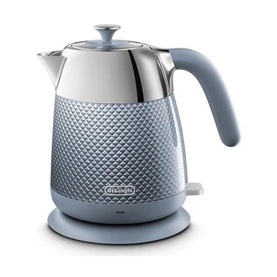 De'Longhi Blue Luminosa Kettle in blue, stainless steel body with diamond-embossed detailing, curved handle, and matching base