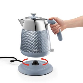 DeLonghi Blue Luminosa Kettle in blue, textured body with chrome lid, shown lifting off 360&deg; swivel base