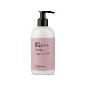 Max Benjamin Natural Hand Lotion French Linen Water 300ml in white pump bottle with pink label