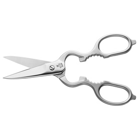 Zwilling Stainless Steel Multi-purpose Shears in silver, forged stainless steel with integrated bottle opener and herb stripper in handles