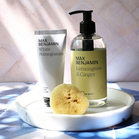 Max Benjamin Lemongrass & Ginger Natural Hand Wash 300ml on marble tray, styled with White Pomegranate hand cream and natural sponge