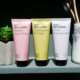 Max Benjamin Natural Hand Cream trio in French Linen Water, Lemongrass & Ginger, and White Pomegranate, styled on a shelf