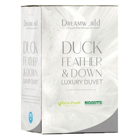 Dreamworld Duck Feather & Down Duvet 10.5 Tog, white box packaging with Micro-Fresh and Nomite certification logos visible