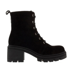 Carl Scarpa Gusto Suede Lace-Up Ankle Boots in black with silver eyelets, block heel, and chunky cleated sole