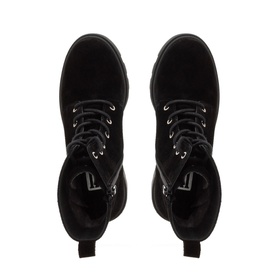 Carl Scarpa Gusto Suede Lace-Up Ankle Boots in black, overhead view showing lace-up detail, cleated sole and velveteen lining