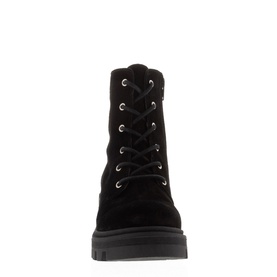Carl Scarpa Gusto black suede lace-up ankle boot, front view showing silver eyelets, lace-up fastening and cleated sole