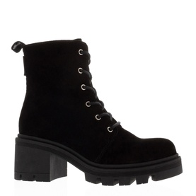 Carl Scarpa Gusto Suede Lace-Up Ankle Boots in black with cleated sole, lace-up fastening, and heel pull tab, angled side view