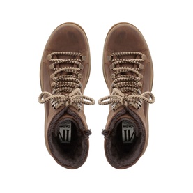 Carl Scarpa Granada Brown Leather Ankle Boots, top-down view showing two-toned woven cord laces and soft textile lining