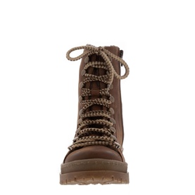 Carl Scarpa Granada Brown Leather Ankle Boot, front view showing two-toned woven cord laces and chunky tan rubber sole