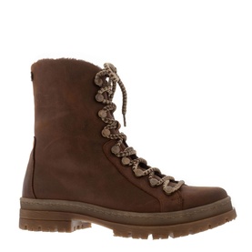 Carl Scarpa Granada Leather Ankle Boots in brown with two-toned woven cord laces, shearling-style lining, and tan chunky sole